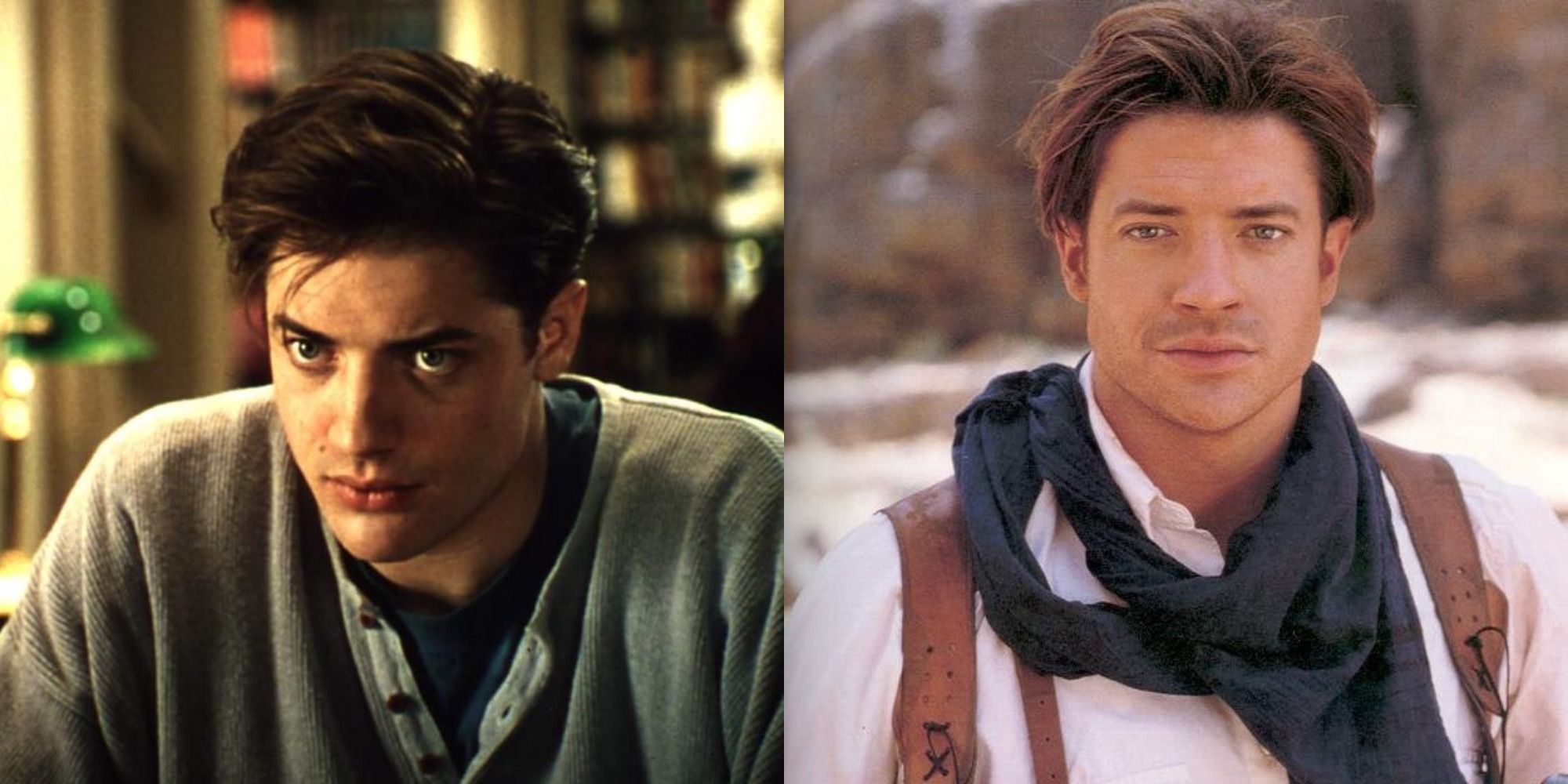 Two side by side images of Brandon Fraser in With Honors and The Mummy