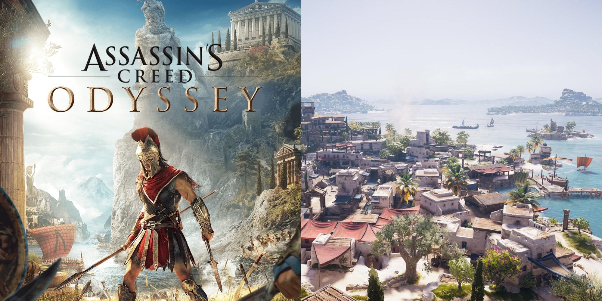 Two side by side images of the cover of Assassin's Creed Odyssey and Mykonos in the game