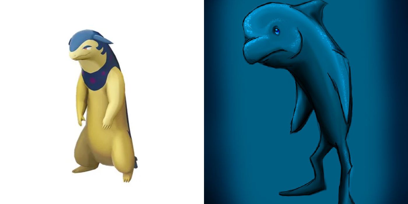 Typhlosion in Pokémon Legends Arceus and a bipedal dolphin