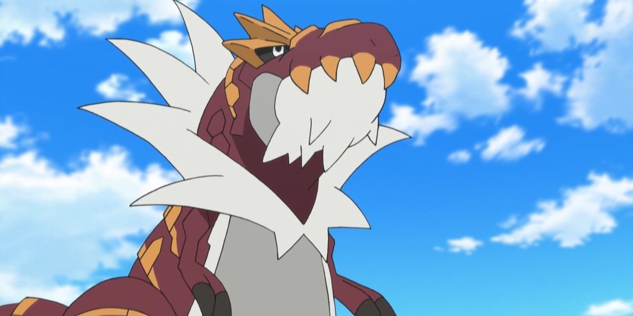 Tyrantrum stands and looks ahead in the Pokemon anime