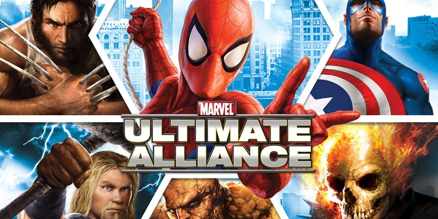 Marvel: Ultimate Alliance promo art featuring Wolverine, Spider-Man, Captain America, Thor, the Thing, and Ghostrider