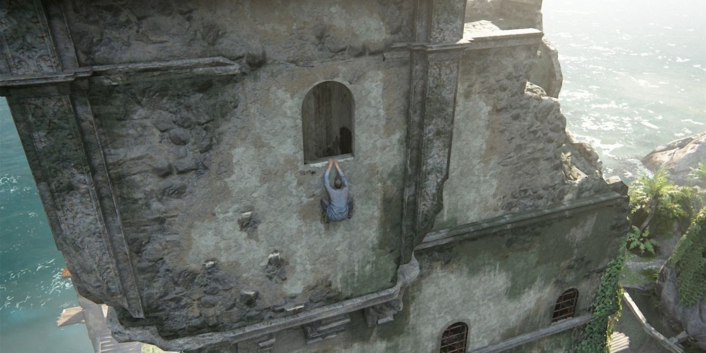 Nate climbing up a wall in Uncharted A Thief's End