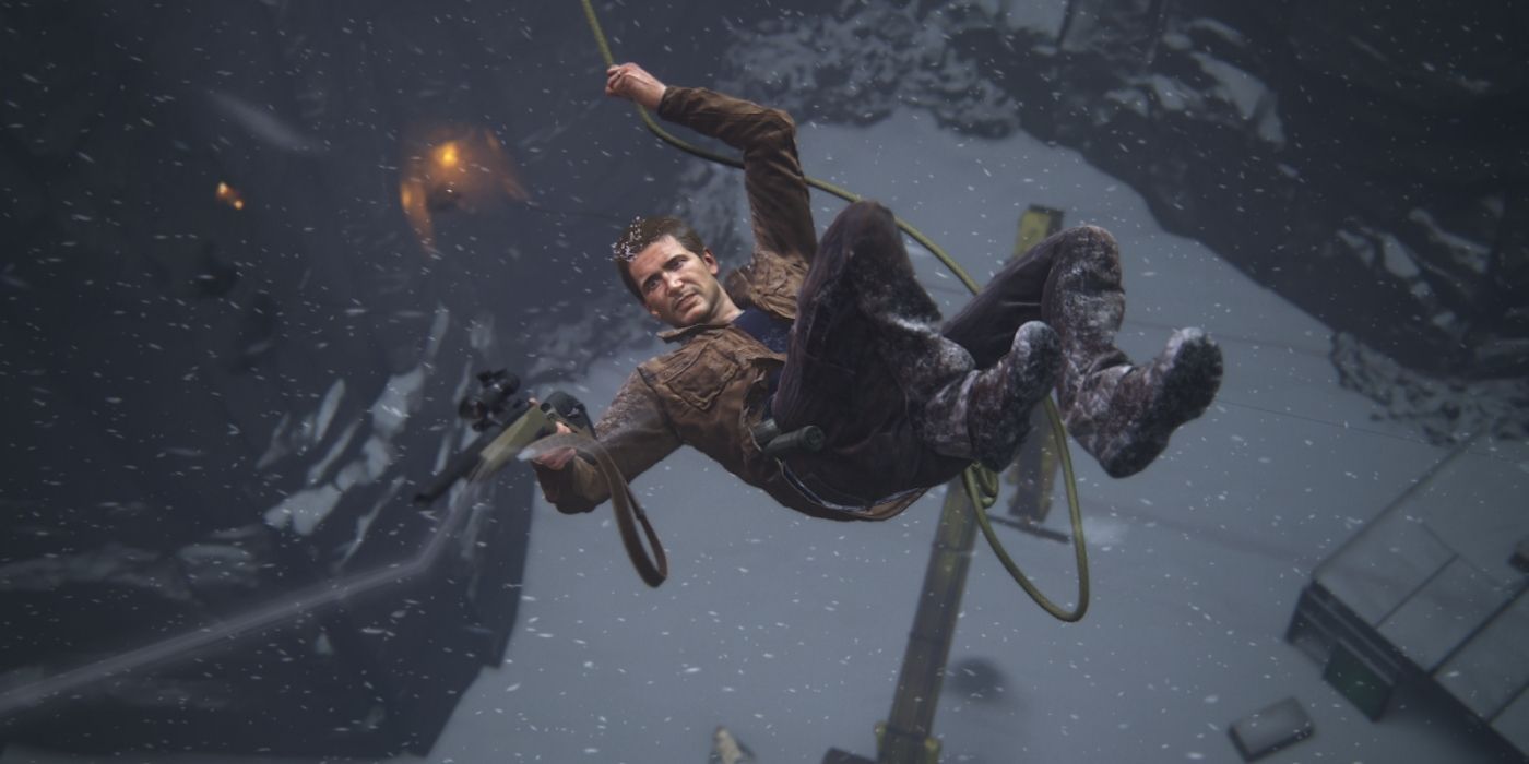 Nathan Drake swinging from a rope in Uncharted