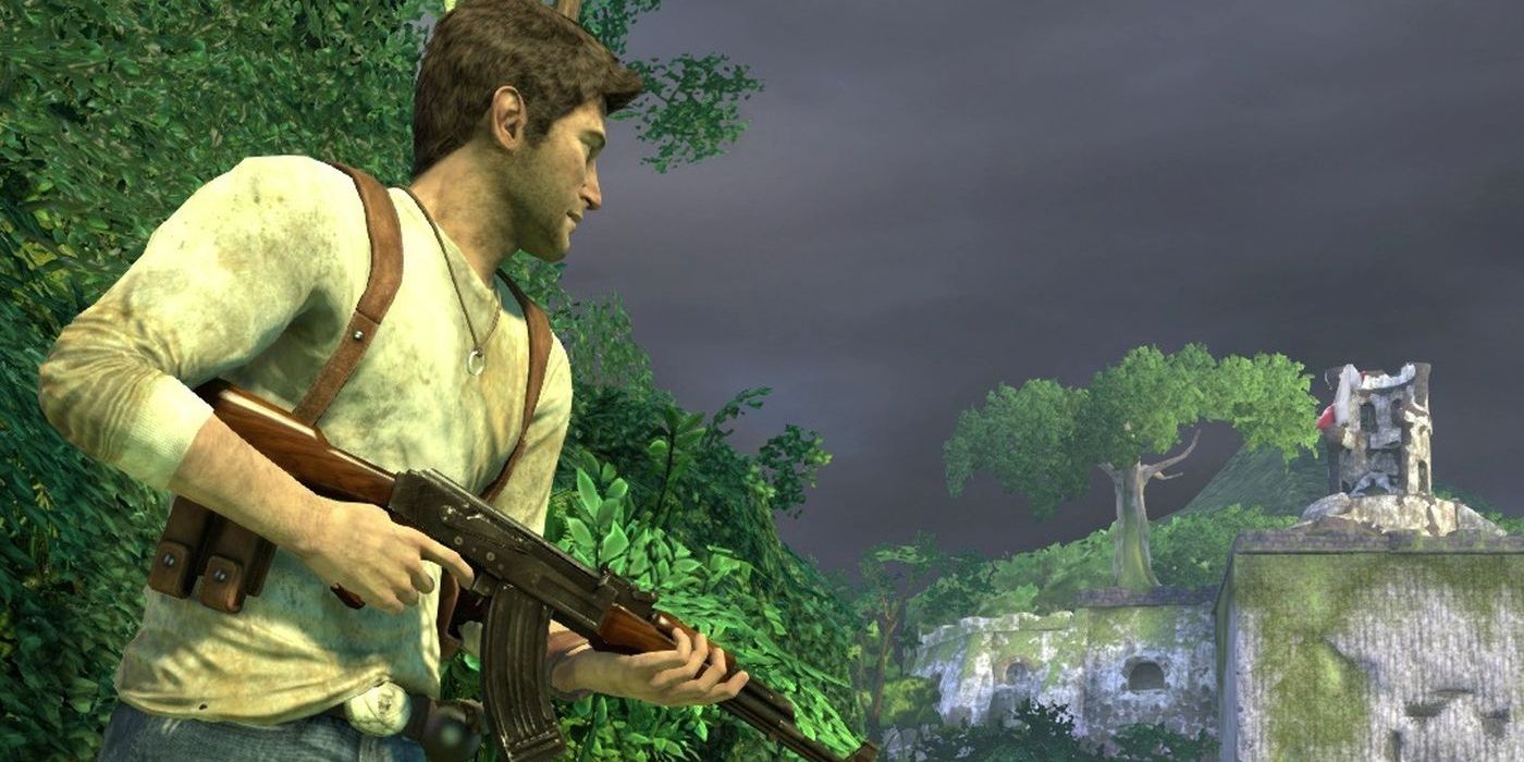 nate holding a gun and hiding behind a wall in Uncharted Drake's Fortune