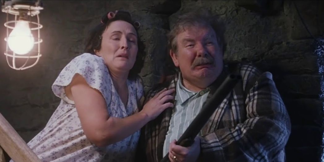 Uncle Vernon threatens Hagrid with a gun in Harry Potter and the Sorcerer's Stone