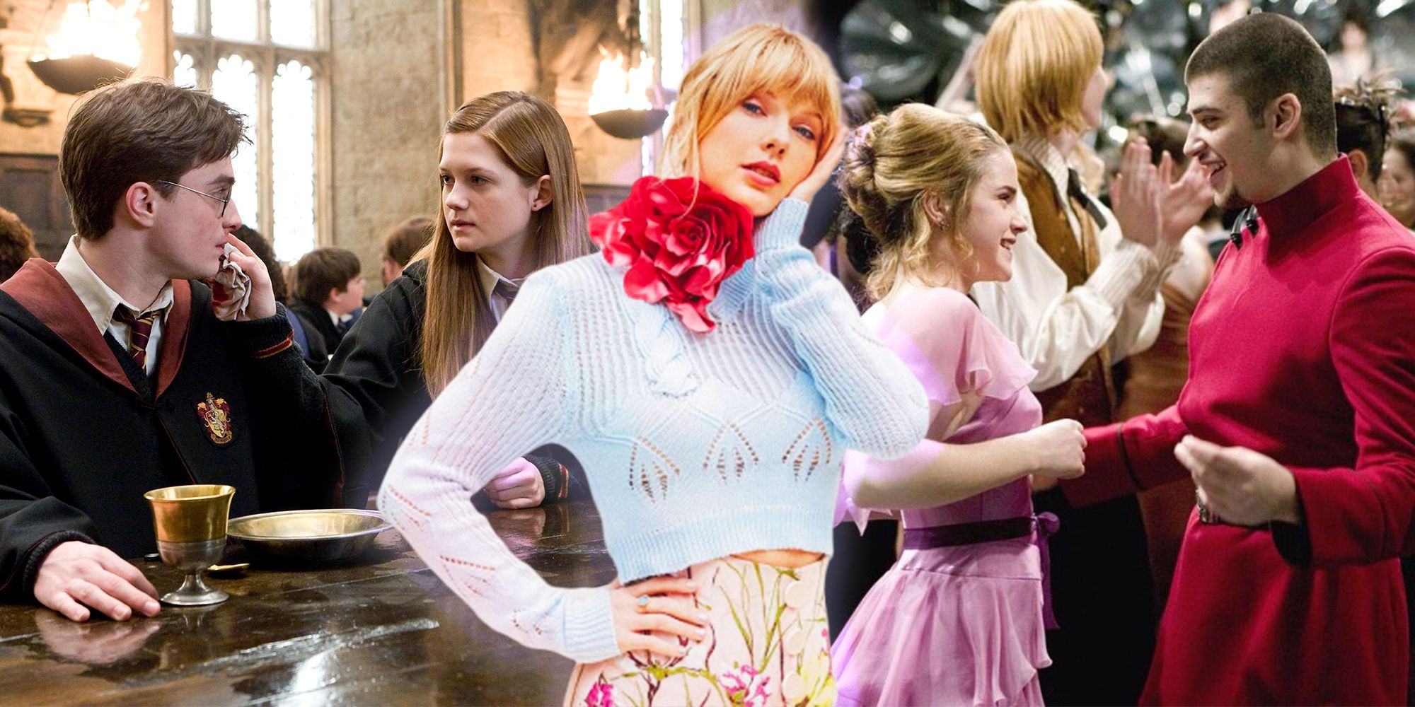 Taylor Swift superimposed over split images of Ginny and harry and Hermione and Viktor from Harry Potter.