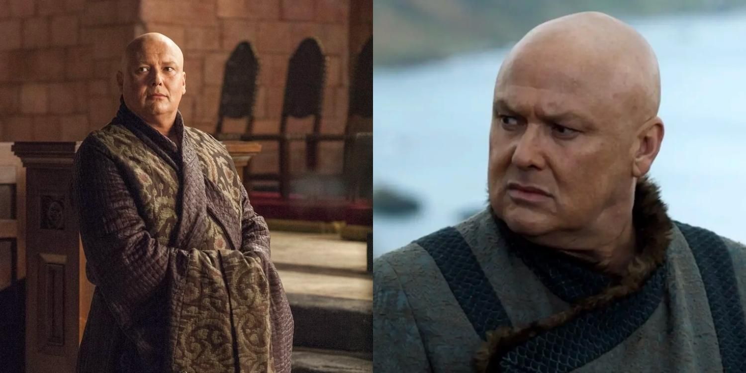 Varys in an elaborate robe and Varys looking annoyed in Game of Thrones