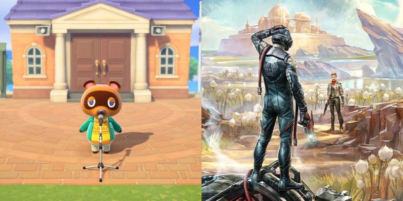 Split image of Animal Crossing and The Outer Worlds
