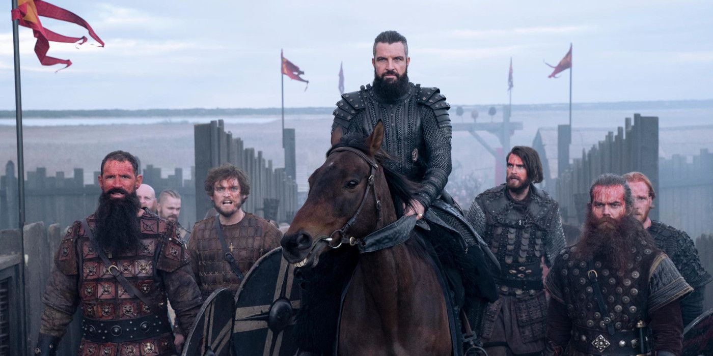 A warrior riding on a horse with his companions in Vikings: Valhalla 