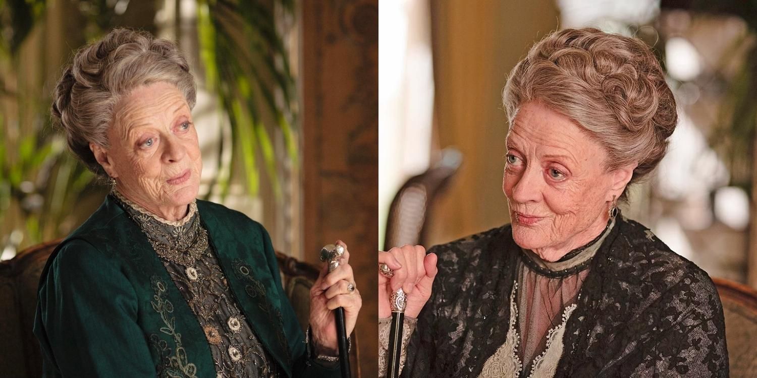 Violet with her hand on her cane, in two different outfits, with the same look on her face in Downton Abbey
