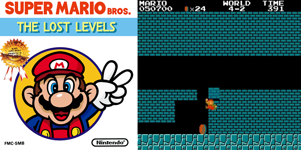 Mario clipping into a wall from Super Mario Bros, with the Lost Levels Logo.