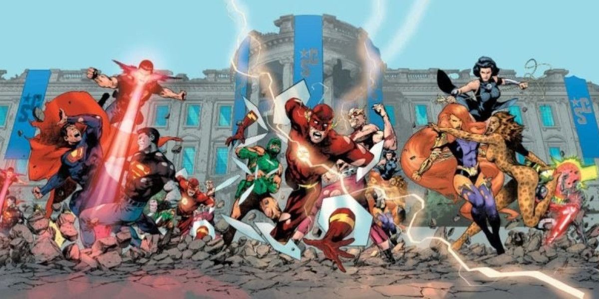 Heroes battle villains in front of the White House in DC Comics.