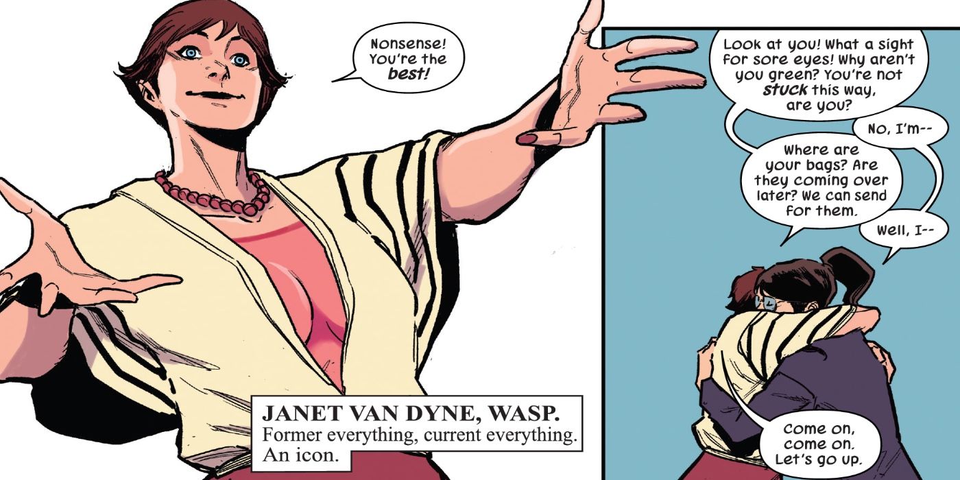 Janet Van Dyne, the Wasp, is helping She-Hulk get back on her feet