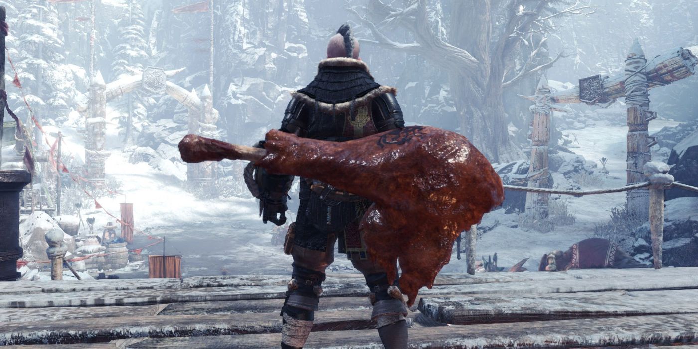 The player character carrying the Well-Done Hammer in Monster Hunter World.