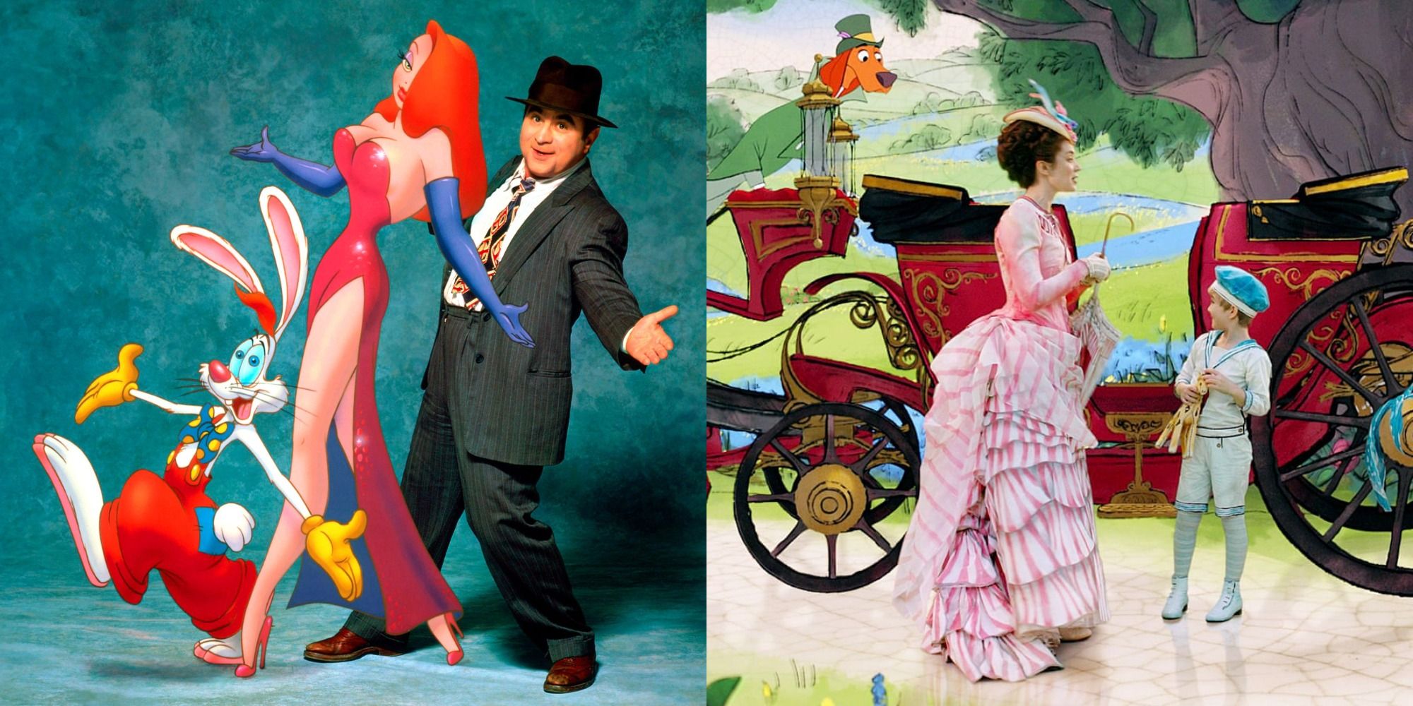 Split image showing characters from Who Framed Roger Rabbit and Mary Poppins Returns