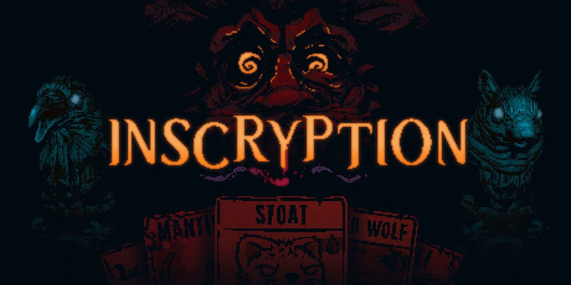the title logo for Inscryption in font of creepy animals and a face.