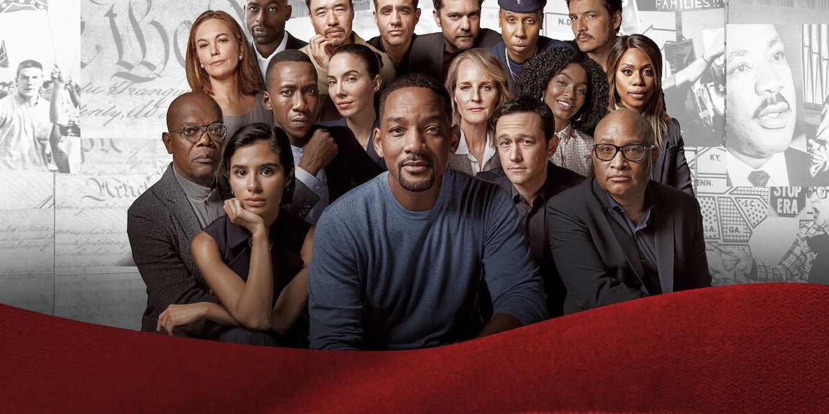 Will Smith along with several actors posing together for a promotional still on Amend