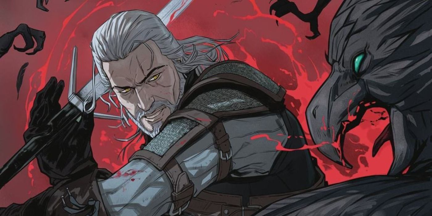 Geralt of Rivia fighting a monster with his silver sword in The Witcher comics