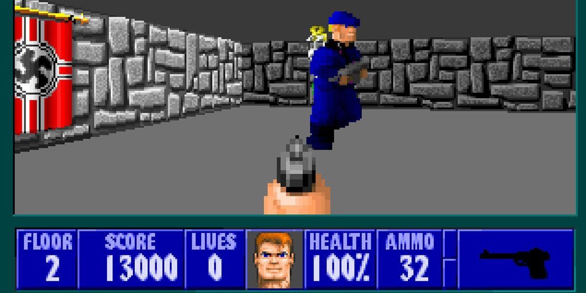 B.J Blazkowicz shoots at a Nazi in Wolfenstein 3D.