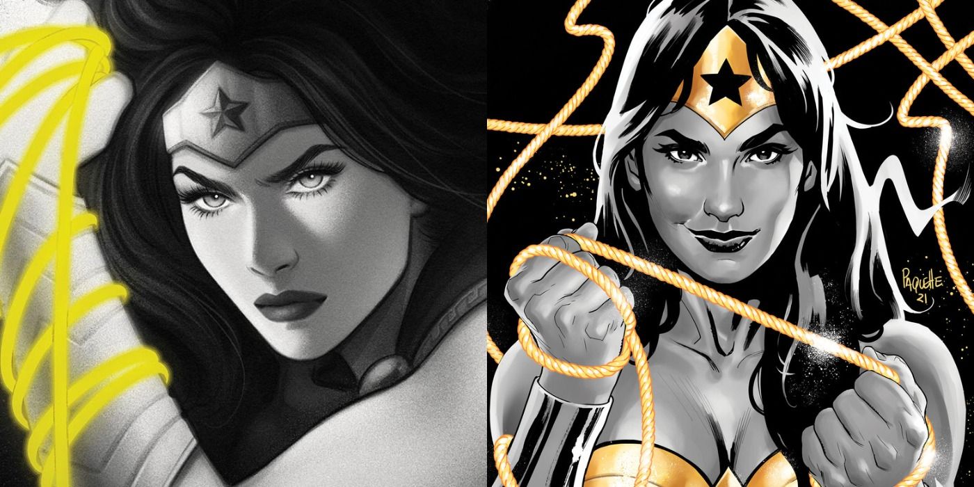 Split image Wonder Woman wielding her glowing Lasso of Truth in Black &amp; Gold cover artworks