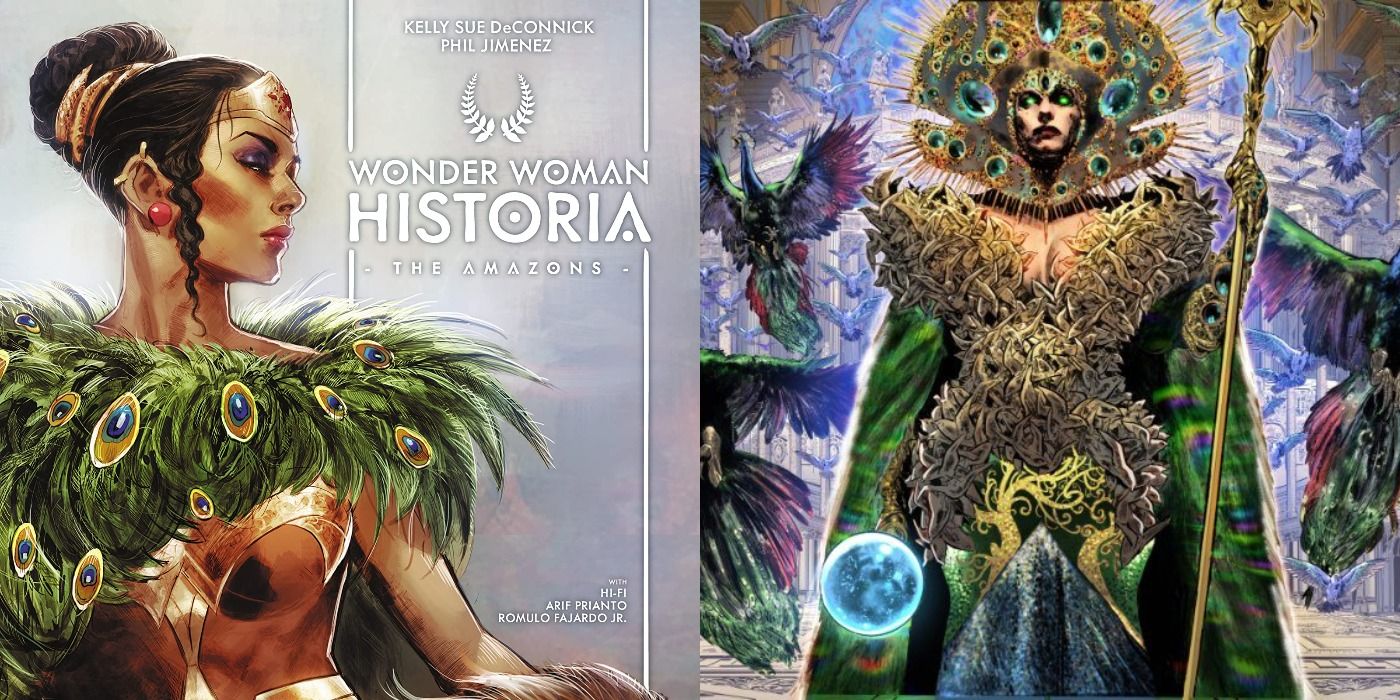 Split image of Wonder Woman Historia cover art and one of the imposing Amazons