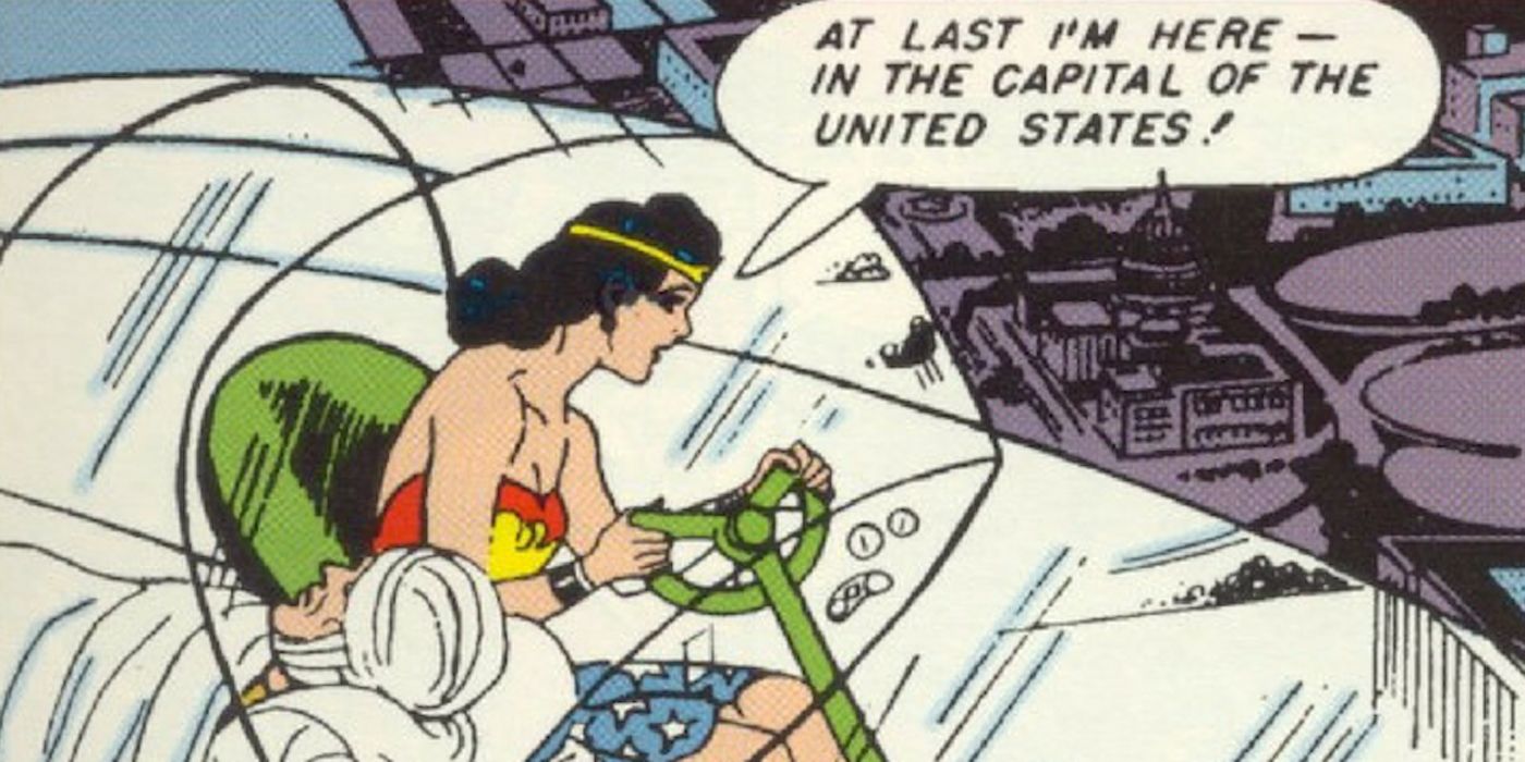 المرأة المعجزة في طائرتها غير المرئية في كاريكاتير دي سي.