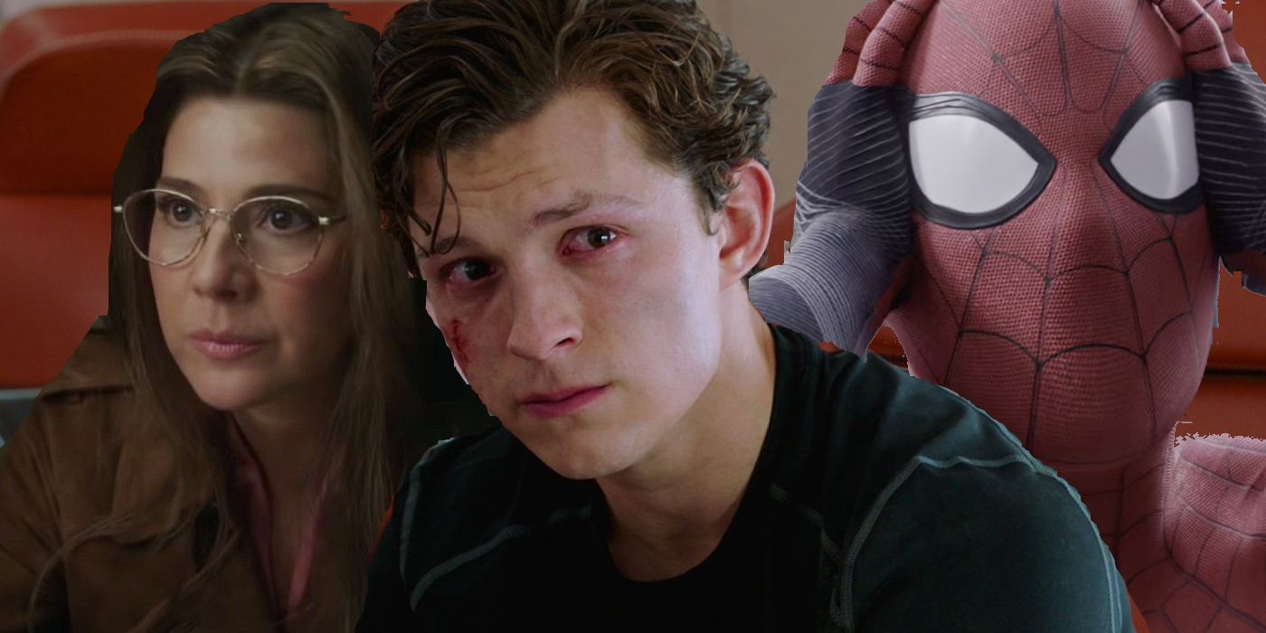 Superimposed image of a serious Aunt May, Peter crying, & Spider-Man shocked in Spider-Man films.