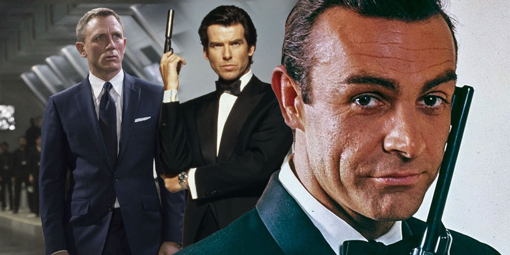Blended image of Daniel Craig, Pierce Brosnan, and Sean Connery as James Bond
