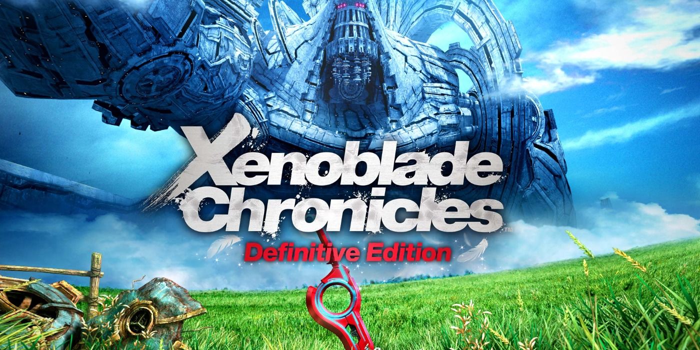 Xenoblade Chronicles: Definitive Edition promo art featuring the protagonist's sword in the foreground and one of the Titans int he back