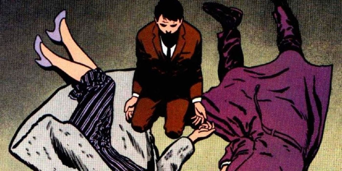 A young Bruce Wayne slumped next to his parents bodies in Year One comic art