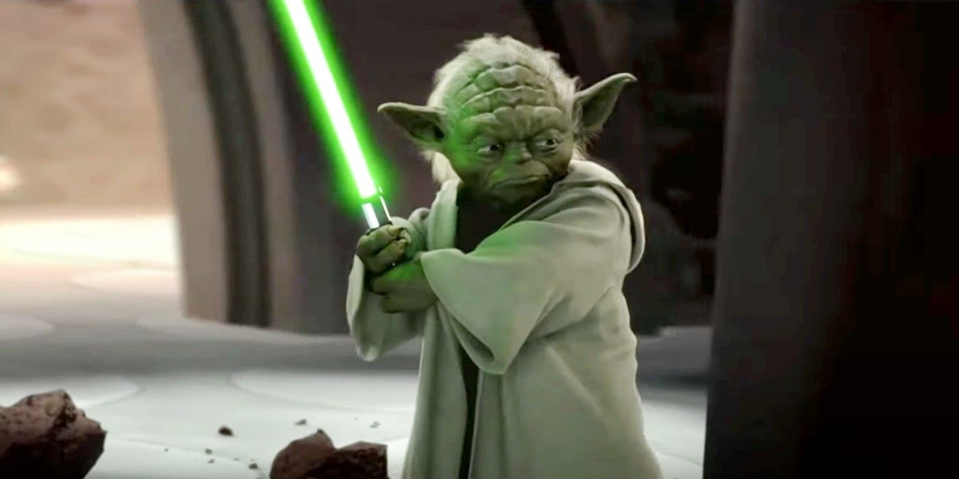 Yoda with a Lightsaber in Attack of the Clones