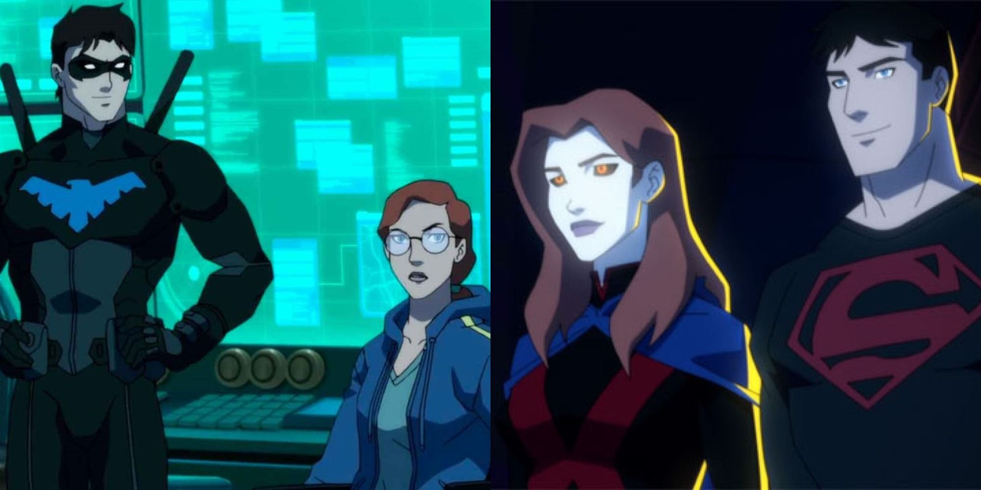 Split image showing Nightwing and Oracle, and Miss Martian and Superboy in Young Justice
