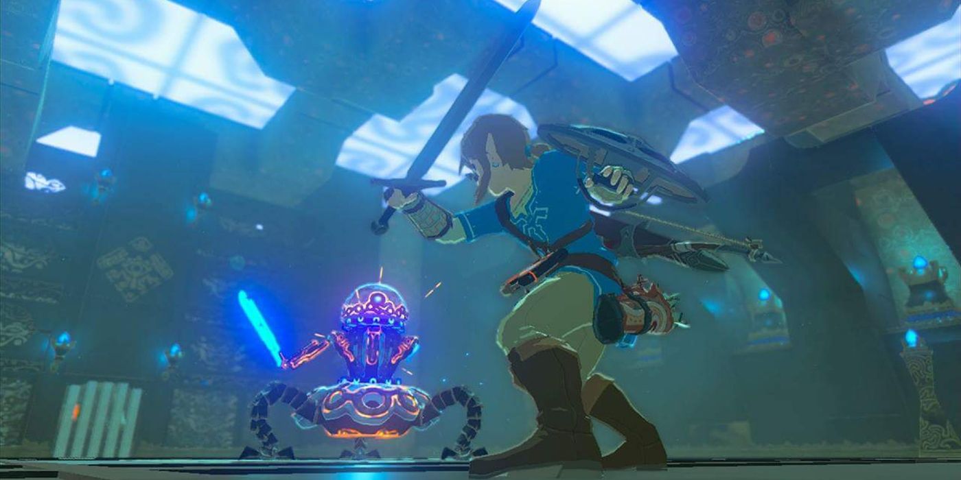 Link swinging a sword at an Ancient Guardian inside a Shrine in Legend of Zelda: Breath of the Wild