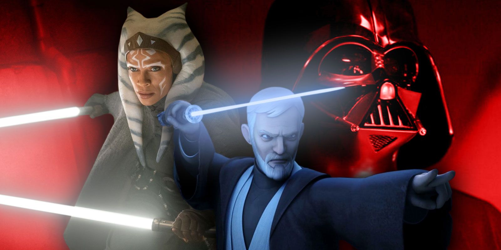 Montage of Ahsoka Tano, Obi-Wan Kenobi, and Darth Vader