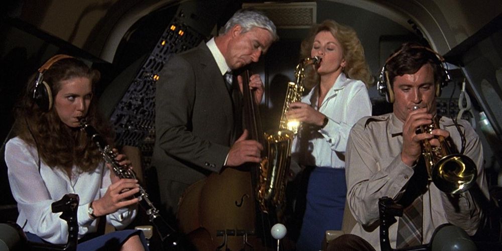 The cabin crew plays instruments on the plane in Airplane!