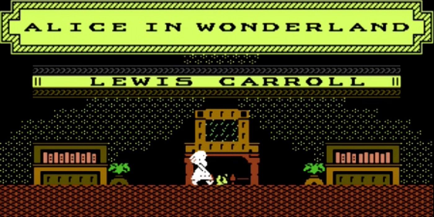 The title screen of the Commodore 64 version of the 1985 Alice in Wonderland game