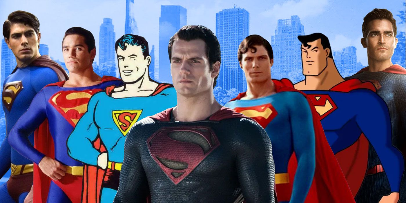 Montage of various Supermen. From left to right, Brandon Routh, Dean Cain, Superman's debut comic book appearance, Henry Cavill, Christopher Reeve, Superman from the Justice League animated series, Tyler Hoechlin.