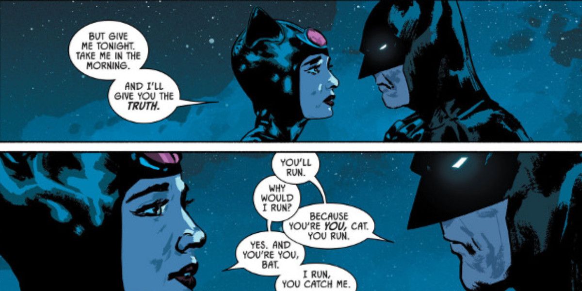 Two panels showing Batman and Catwoman talking in Batman (2016) #14