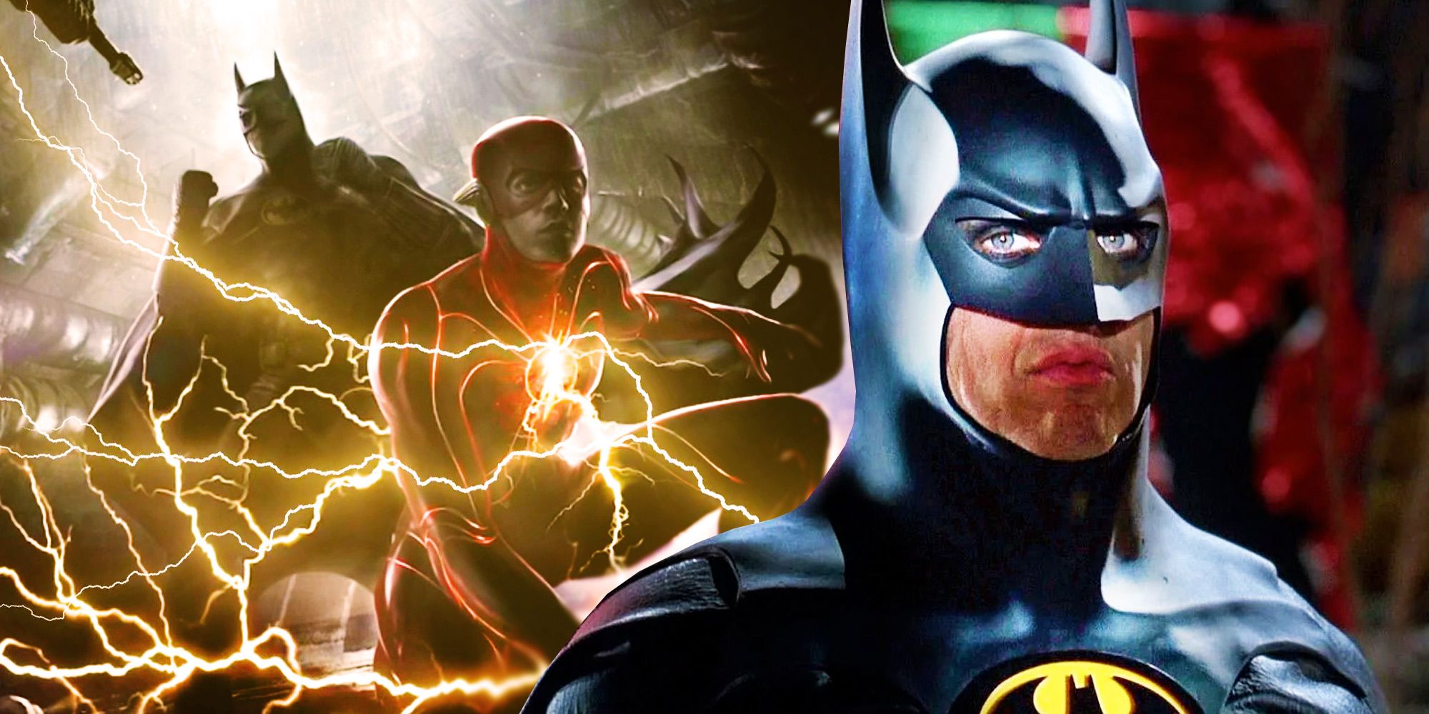 Batman and the Flash in Flash concept art, and Michael Keaton as Batman