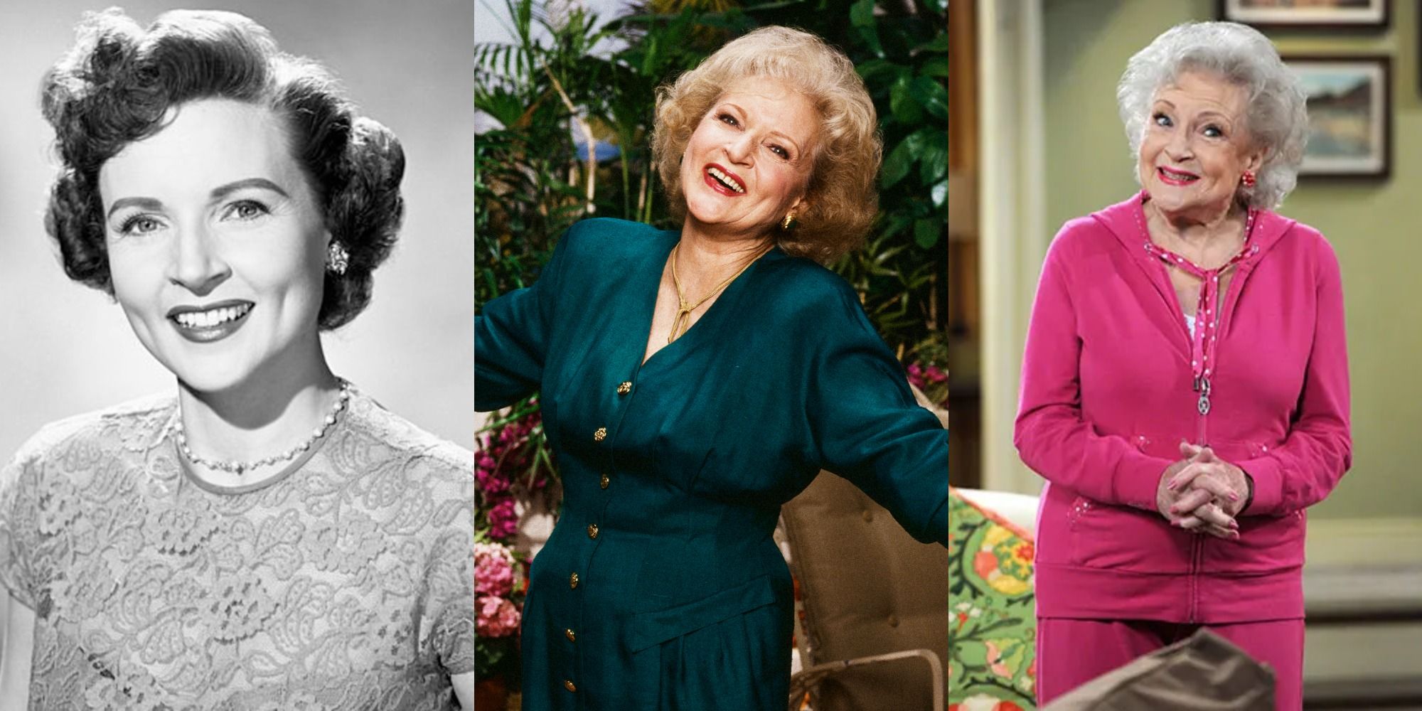 Betty White as Elizabeth in Life With Elizabeth, Rose in The Golden Girls, and Elka in Hot in Cleveland