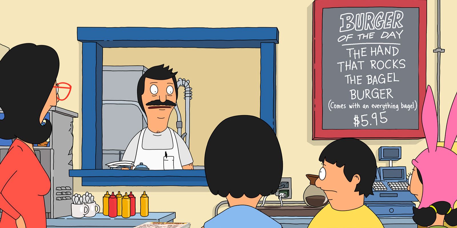 The Belcher family stand in a restuarant in Bob's Burgers.