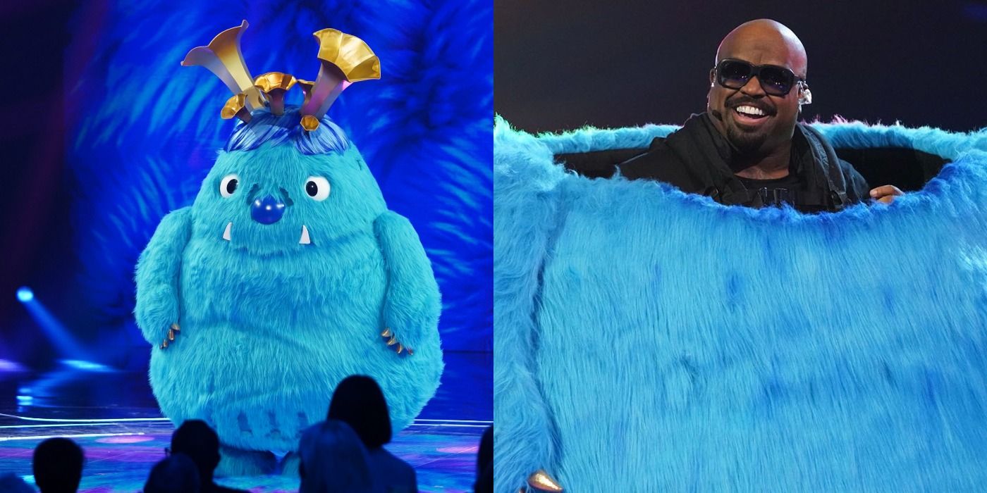Split image of the Monster on stage and CeeLo Green's reveal on The Masked Singer UK