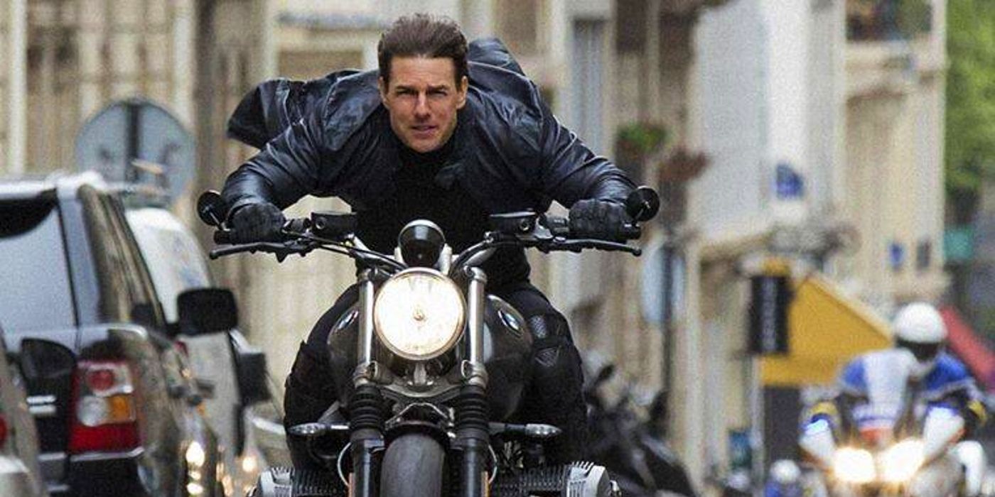 Tom Cruise rides a motocrycle in Mission Impossible Fallout