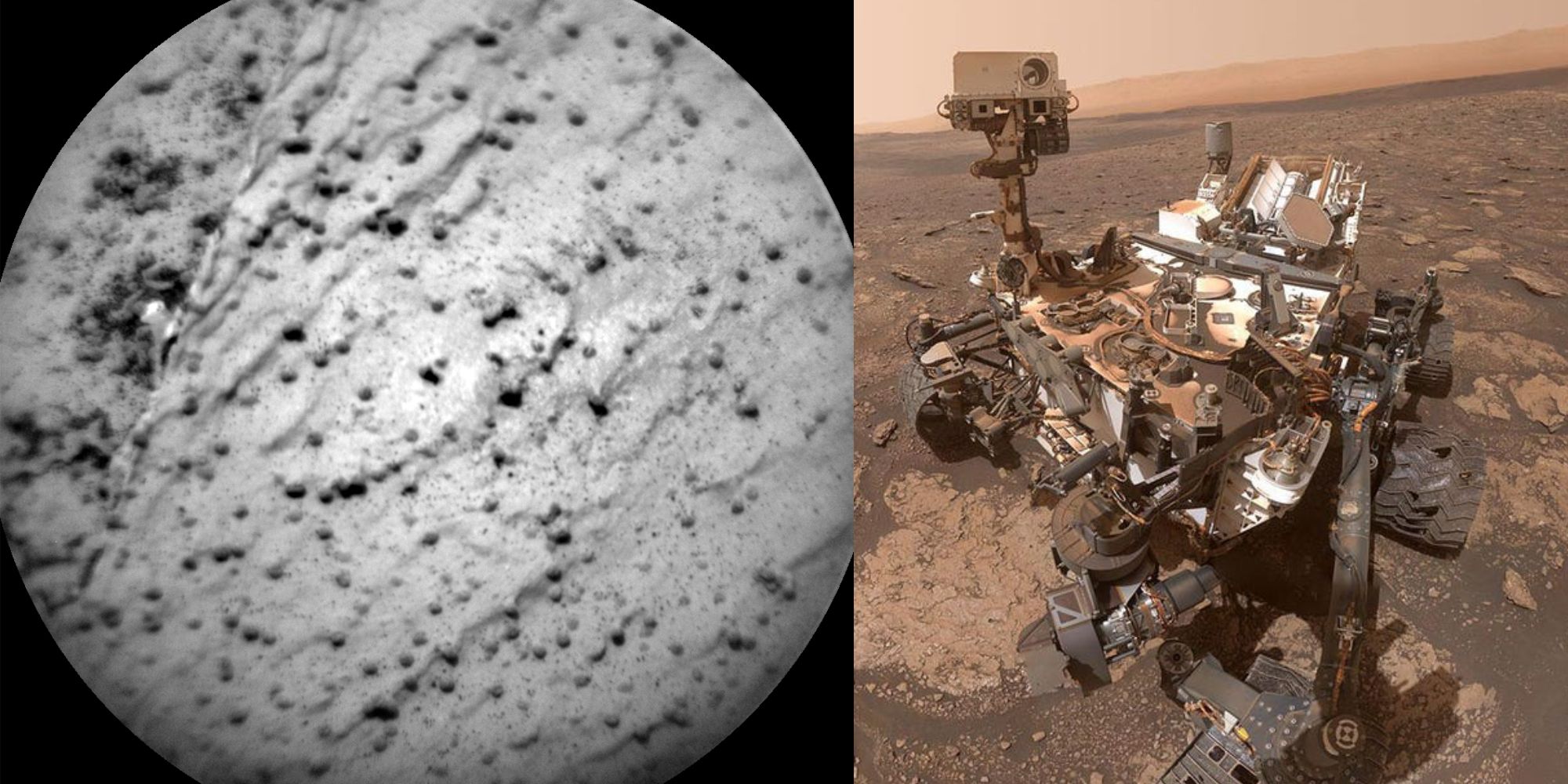 Photo of Curiosity rover, and an image it took of Mars