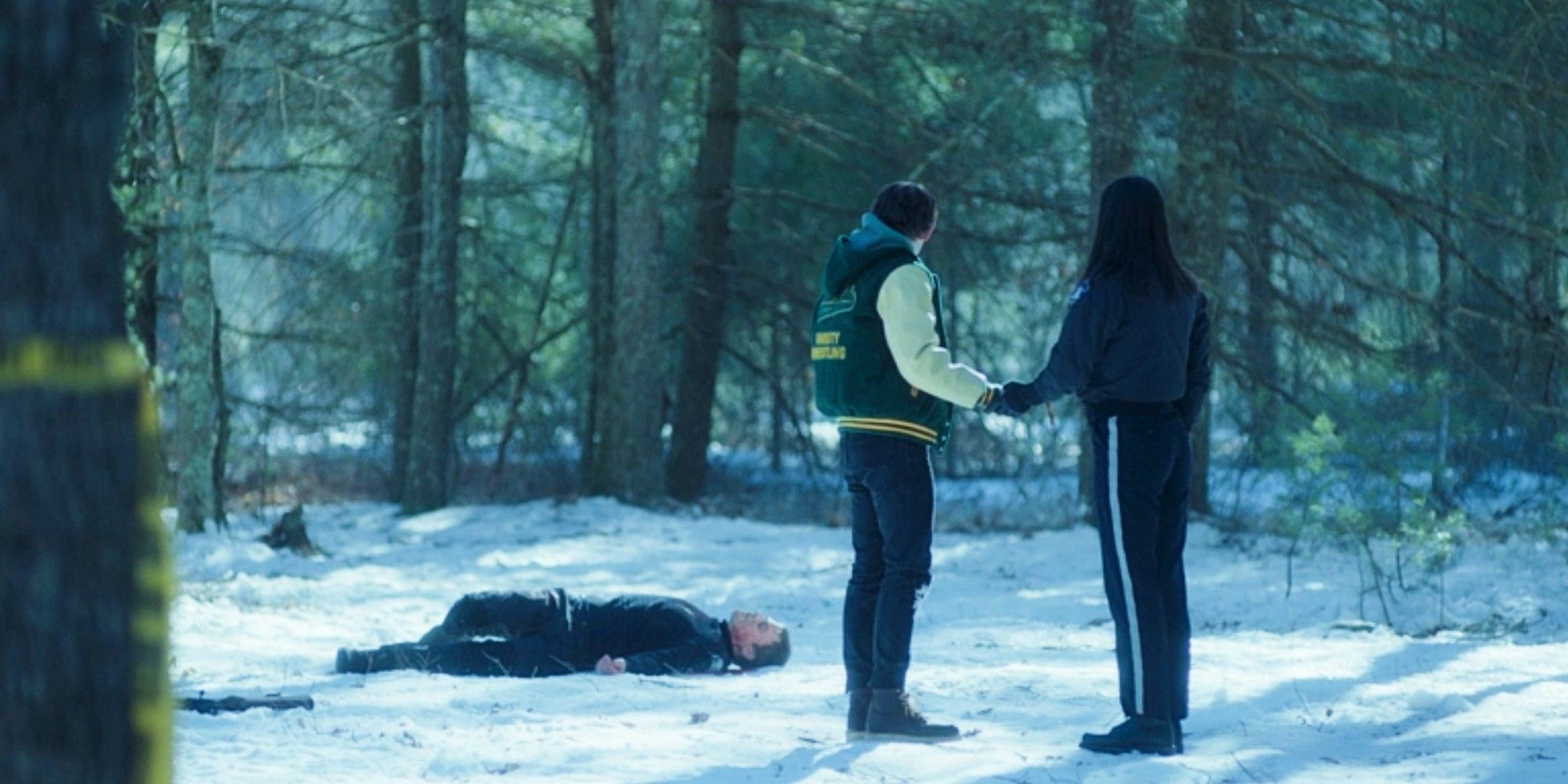 Harrison and Angela standing near Dexter's corpse in New Blood's Finale