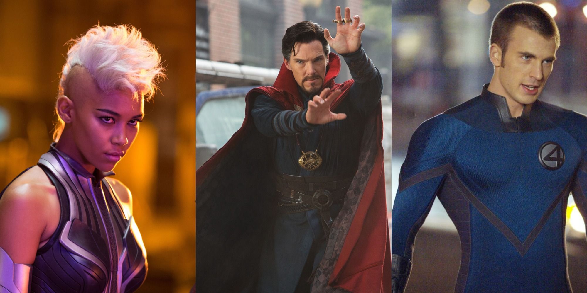 Split image of Alexandra Shipp as Storm, Benedict Cumberbatch as Doctor Strange, and Chris Evans as Human Torch