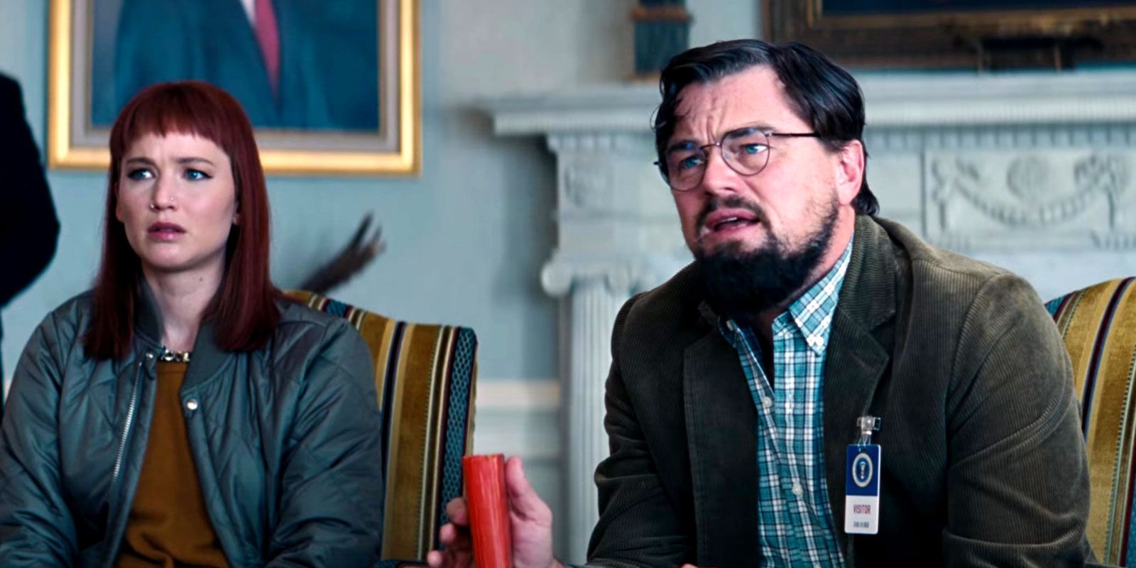 Leonardo DiCaprio and Jennifer Lawrence as Randall Mindy and Kate Dibiasky in the Oval Office during Don't Look Up