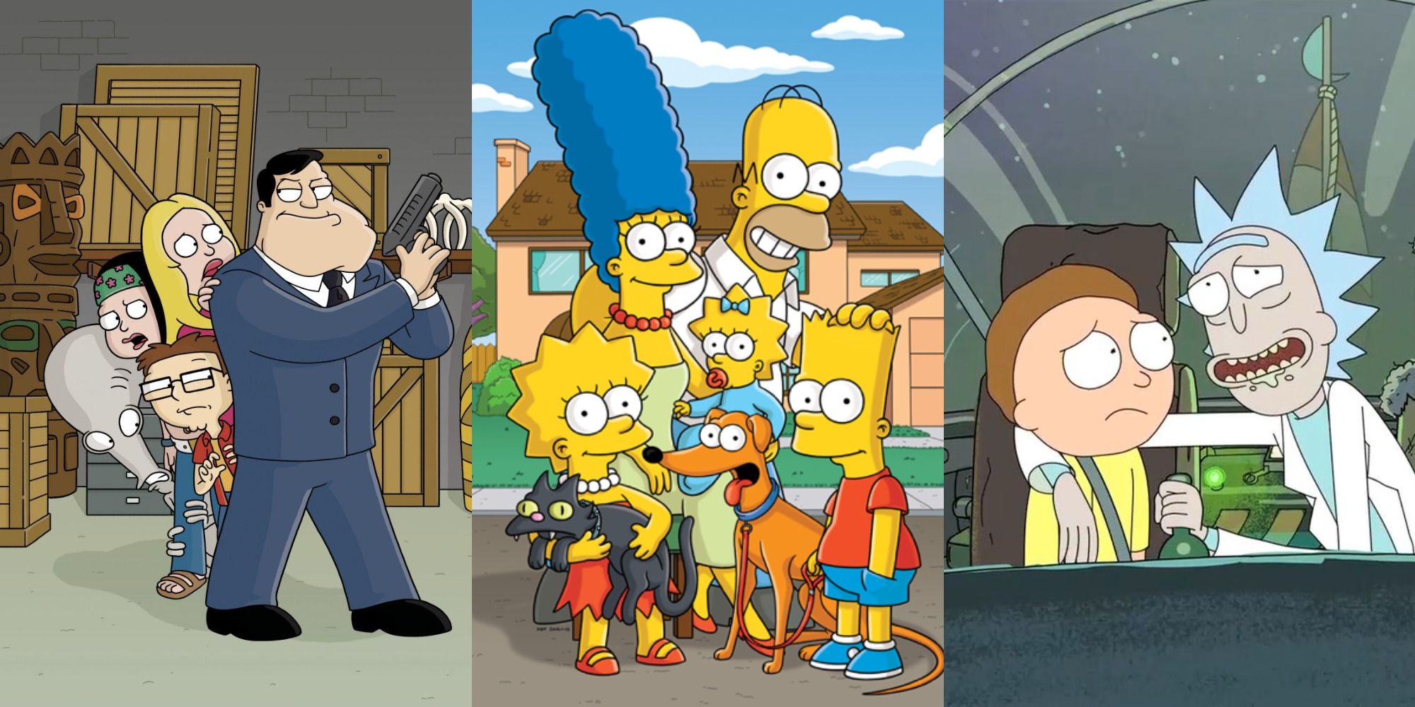 Split image of the Smiths in American Dad!, The Simpsons, and Rick & Morty