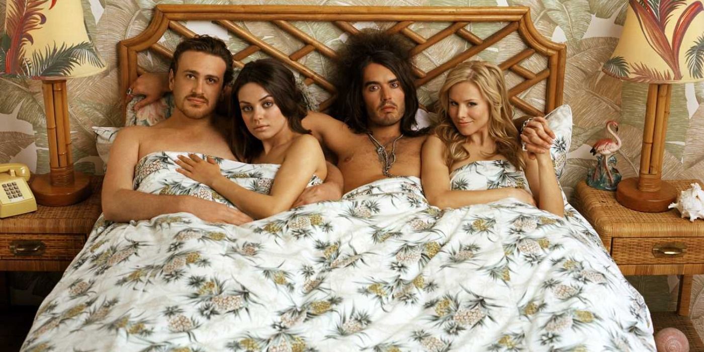Mila Kunis, Russell Brand, Kristen Bell, and Jason Segel in a bed from Forgetting Sarah Marshall.
