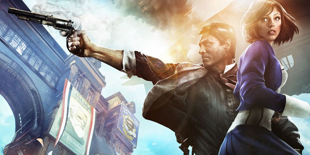 ブッカーは、BioShock Infinite のアートワークでエリザベスを銃で保護します